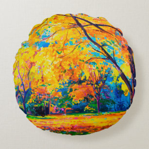 olieverf op canvas. Gele bomen. Moderne kunst. Rond Kussen