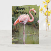 Olieverf roze flamingo in vijver, Kaart (Gele Bloem)