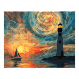 Olieverf Sunset Lighthouse Foto Afdruk