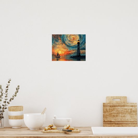 Olieverf Sunset Lighthouse Poster (Keuken)
