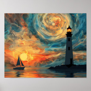 Olieverf Sunset Lighthouse Poster