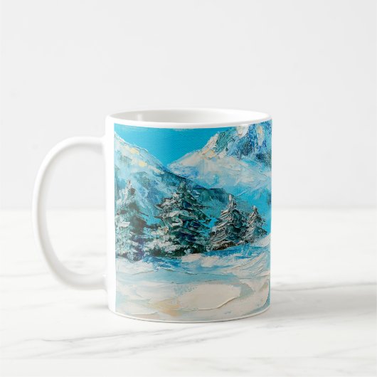olieverf, winterberglandschap met spru koffiemok (Links)