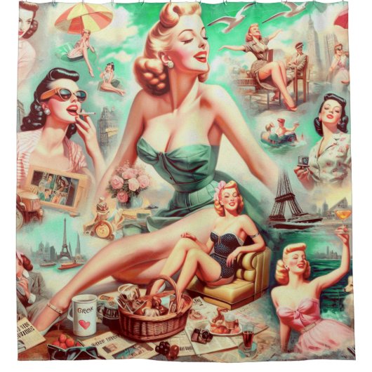  Olieverfschilderij Collage Pin Up Douchegordijn (Voorkant)