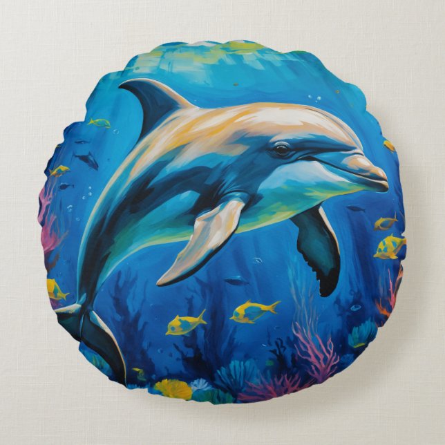 olieverfschilderij Dolfijn Rond Kussen (Voorkant)