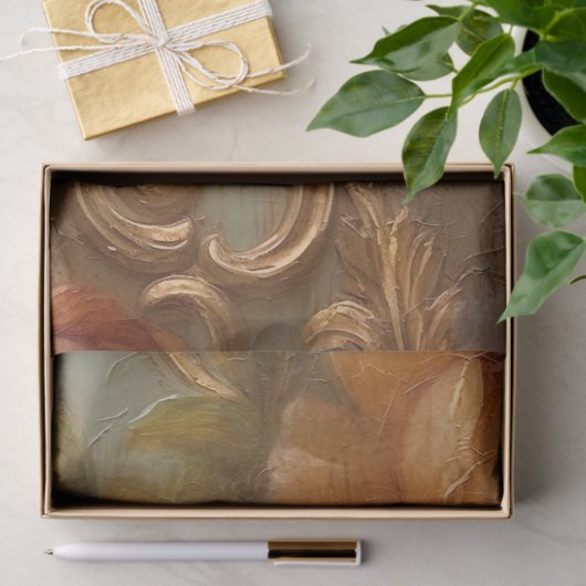 Olieverfschilderij terracotta koperen rozen gouden tissuepapier (Geschenk)