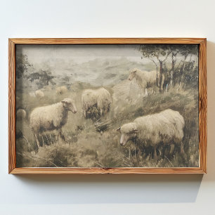 Olieverfschilderij van een groep schapen grazen in poster