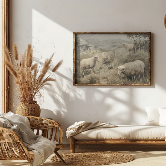 Olieverfschilderij van een groep schapen grazen in poster