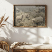 Olieverfschilderij van een groep schapen grazen in poster