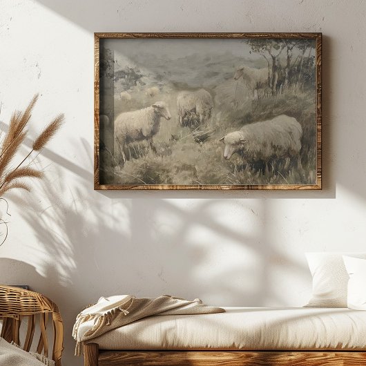 Olieverfschilderij van een groep schapen grazen in poster