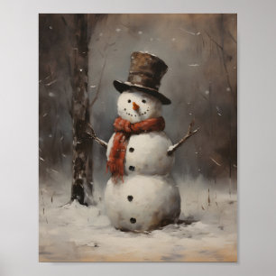 Olieverfschilderij van een sneeuwman met Pet & rod Poster