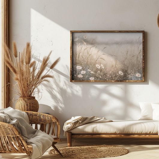 Olieverfschilderij van een veld van bloemen en gra poster