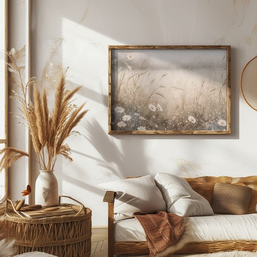 Olieverfschilderij van een veld van bloemen en gra poster