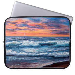 olieverfschilderij van Ocean en strand op canvas. Laptop Sleeve