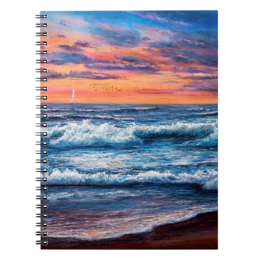 olieverfschilderij van Ocean en strand op canvas.  Notitieboek (Voorkant)