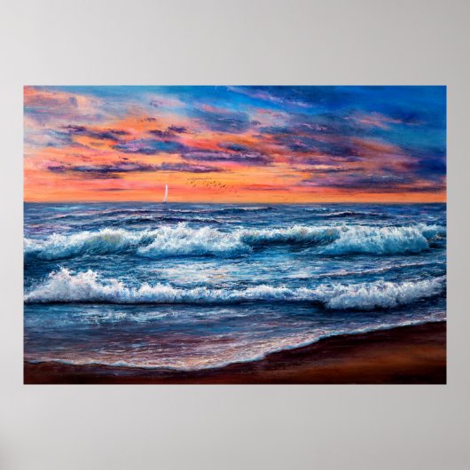 olieverfschilderij van Ocean en strand op canvas.  Poster (Voorkant)