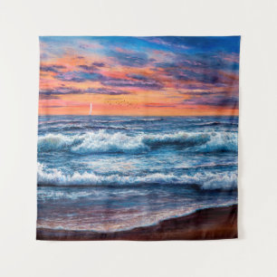 olieverfschilderij van Ocean en strand op canvas. Wandkleed