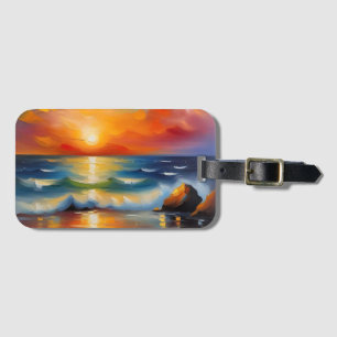 Olieverfschilderij van oranje zonsondergang boven bagagelabel