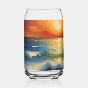 Olieverfschilderij van oranje zonsondergang boven  blikvorm glas