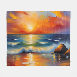 Olieverfschilderij van oranje zonsondergang boven fleece deken