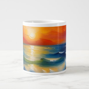 Olieverfschilderij van oranje zonsondergang boven grote koffiekop