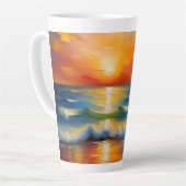 Olieverfschilderij van oranje zonsondergang boven  latte mok (Linkerhoek)