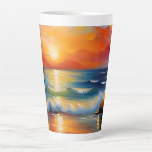 Olieverfschilderij van oranje zonsondergang boven  latte mok