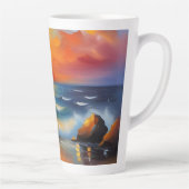 Olieverfschilderij van oranje zonsondergang boven  latte mok (Rechts)