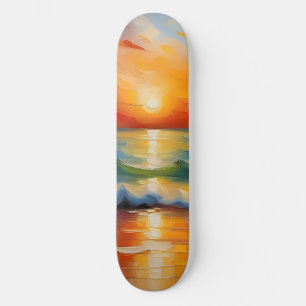 Olieverfschilderij van oranje zonsondergang boven  persoonlijk skateboard