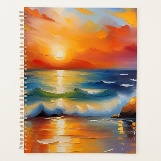 Olieverfschilderij van oranje zonsondergang boven planner (Voorkant)