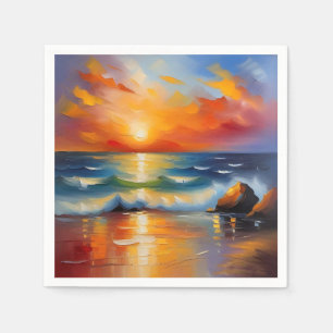 Olieverfschilderij van oranje zonsondergang boven servet