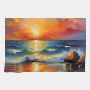 Olieverfschilderij van oranje zonsondergang boven theedoek