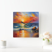 Olieverfschilderij van oranje zonsondergang boven  vierkante klok (Huis)