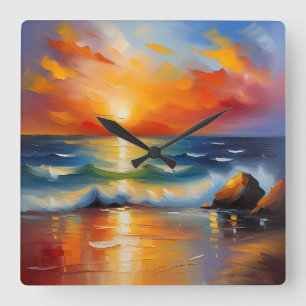 Olieverfschilderij van oranje zonsondergang boven  vierkante klok