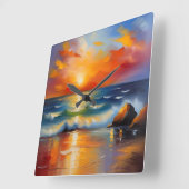 Olieverfschilderij van oranje zonsondergang boven  vierkante klok (Hoek)