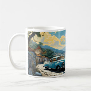 olieverfschilderij van stad en strand koffiemok