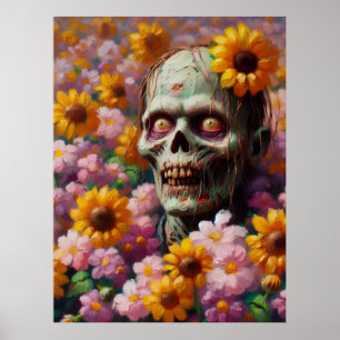Olieverfschilderij van Zombie in Bloemenveld Hallo Poster