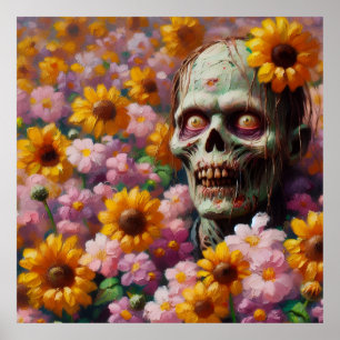 Olieverfschilderij van Zombie in Bloemenveld Hallo Poster