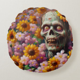 Olieverfschilderij van Zombie in Bloemenveld Hallo Rond Kussen