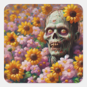 Olieverfschilderij van Zombie in Bloemenveld Hallo Vierkante Sticker