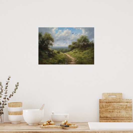 Olieverfwikkelingspad door heuvelbeug poster (Keuken)