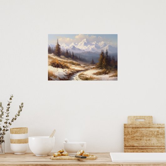 Olieverfwikkelingspad sneeuwy mountainpethills poster (Keuken)