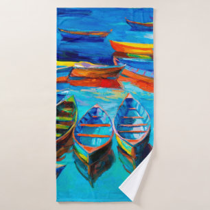 olieverschildering van boten en zee op doek. Sunse Badhanddoek