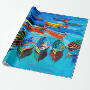 olieverschildering van boten en zee op doek. Sunse Cadeaupapier