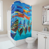 olieverschildering van boten en zee op doek. Sunse Douchegordijn (In situ)