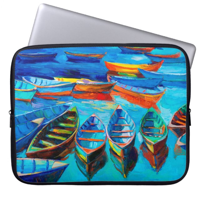 olieverschildering van boten en zee op doek. Sunse Laptop Sleeve (Voorkant)