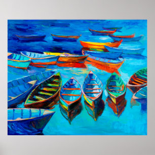 olieverschildering van boten en zee op doek. Sunse Poster