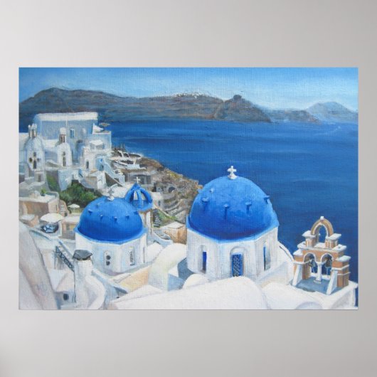 Olieverschildering van de Santorini Oia Blue-kerk Poster (Voorkant)