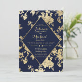  olievlek blauw faux goudflorale bruiloft kaart (Staand voorkant)