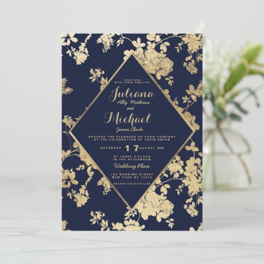  olievlek blauw faux goudflorale bruiloft kaart (Staand voorkant)