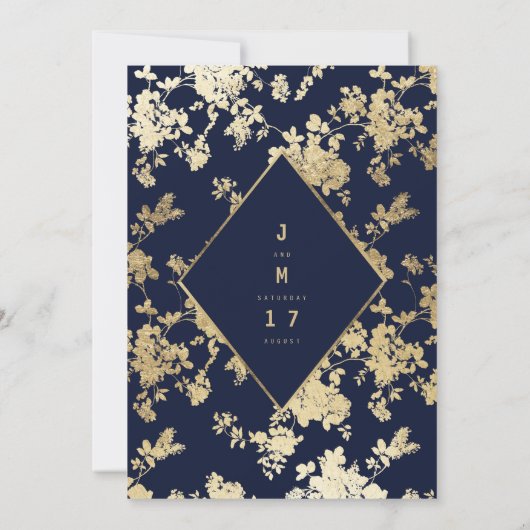  olievlek blauw faux goudflorale bruiloft kaart (Achterkant)